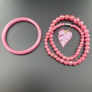 Pink glass jewelry set bangle beaded necklace pendant